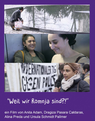 Erste Seite des Flyers mit Filmtitel und drei Stills: Eine Frau kniet vor einer großen Wasserfläche. Zwei Frauen stehen in einem Fahrstuhl und lachen einander an. Eine Frau steht mit Mikrofon vor einem Transparent.